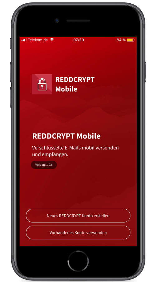 Nach der Installation der App können Sie sich in wenigen Sekunden einen REDDCRYPT Account erstellen